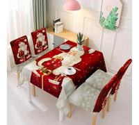 Trimming Shop Red Christmas Chair Covers & Tablecloth Set, Premium Polyester Table Cover and Chair Protector, Stretch Removable Washable Dining Table Cloth & Slipcovers for Christmas Party
