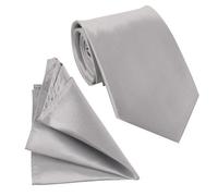 Trimming Shop Silver Plain Satin Tie and Pocket Square Set for Men