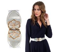 Trimming Shop Silver Waist Belt For Women Ladies Girls With Golden Heart Shape Buckle, Stretchable Elasticated Wide Casual Belt For Party Celebration, Events, Occasion, 60mm