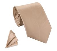 Trimming Shop Solid Premium Satin Necktie & Pocket Square Set for Men - Classic Tie (149cm x 8 cm) and Handkerchief (23 cm) for Wedding, Business, Casual & Formal Occasions - Beige