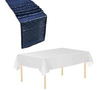 Trimming Shop Tablecloth Table Runner Set, 1 Pack White Disposable Table Cover Waterproof Plastic Tablecloth & 1 Pack 11" x 108" Navy Sequin Table Runner for Birthday Wedding Christmas Party