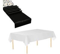 Trimming Shop Tablecloth Table Runner Set, 1 Pack White Disposable Table Cover Waterproof Plastic Tablecloth & 1 Pack 11" x 108" Black Satin Table Runner Set for Birthday Wedding Christmas Party