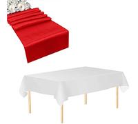 Trimming Shop Tablecloth Table Runner Set, 2 Pack White Disposable Table Cover Waterproof Plastic Tablecloth & 2 Pack 11" x 108" Red Satin Table Runner Set for Birthday Wedding Christmas Party