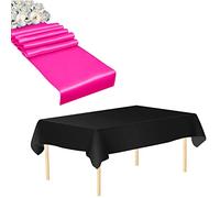 Trimming Shop Tablecloth Table Runner Set, 3 Pack Black Disposable Table Cover Waterproof Plastic Tablecloth & 3 Pack 11" x 108" Fuchsia Satin Table Runner Set for Birthday Wedding Christmas Party