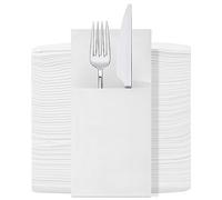 Trimming Shop White Disposable Napkin Cloth Like with Built-in Flatware Pocket, Linen Feel Prefolded for Silverware Cutlery Holder for Wedding, Dinner, Events, Birthday, Parties, Decoration Pack of 50