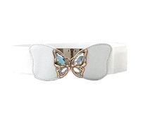 Trimming Shop White Waist Belt For Women Ladies Girls With Diamond Studded Golden Butterfly Buckle, Stretchable Elasticated Wide Casual Belt For Party Celebration, Events, Occasion, 60mm
