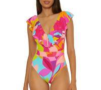Trina Turk Women's Lilleth Ruffle One Piece Swimsuit, Plunge V-Neck, Floral Print, Bathing Suits Swimwear Cover Up, Multicolor, 14