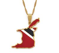 Trinidad And Tobago With Flag Map Fashion Pendant Necklaces,Necklaces Amulets For Women And Men,Hip Hop Style Party, Gold,45Cm Chain