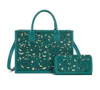 Trinity Ranch Tote Bags for Women Floral Tooled Fringe with Wallet Set, Tooling Turquoise