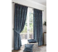 Curtina - Navy Velvet Damask Curtains W90 x L72 (229 x 183cm) - 2 Tie Backs Included - Damask Curtains - 2 Velvet Curtain Panels - Woven Curtains in Navy Blue - Luxury Curtains & Drapes