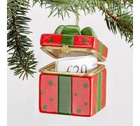 Trinket Box Christmas Tree Ornament - Hand Painted Ribbon Tied Festive Xmas Gift Present Decoration With Hinged Lid & Gilded Edge