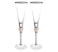 Trinkware Set of 2 Champagne Flutes - Rhinestone "DIAMOND" Studded Glasses With Silver Rim - Long Stem, 7oz, 11-inches Tall - Elegant Glassware And Stemware