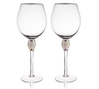 Trinkware Set of 2 Wine Glasses - Rhinestone "DIAMOND" Studded With Silver Rim - Long Stem, 16oz, 10-inches Tall - Elegant Glassware And Stemware