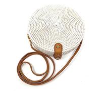 Trintura Rattan Bag Round with Long Leather Strap Braided Women's Basket Bag Shoulder Bag Straw Bag Crossbody Bag 20 cm, White, Small