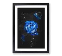 Trio of Blue Roses Paint Splash Framed Print | A2 Black Framed Wall Art | Ready to Hang | Modern Nature Picture | Living Room Bedroom Lounge Office