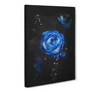 Trio Of Blue Roses Paint Splash Modern Canvas Wall Art Print Ready to Hang, Framed Picture for Living Room Bedroom Home Office Décor, 24x16 Inch (60x40 cm)