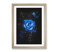 Trio Of Blue Roses Paint Splash Modern Framed Print | A3 Oak Framed Wall Art | Ready to Hang | Modern Nature Picture | Living Room Bedroom Lounge Office
