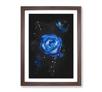 Trio Of Blue Roses Paint Splash Modern Framed Print | A3 Walnut Framed Wall Art | Ready to Hang | Modern Nature Picture | Living Room Bedroom Lounge Office