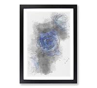 Trio of Blue Roses Sketch Framed Print | A2 Black Framed Wall Art | Ready to Hang | Modern Nature Picture | Living Room Bedroom Lounge Office