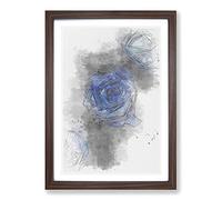 Trio of Blue Roses Sketch Framed Print | A2 Walnut Framed Wall Art | Ready to Hang | Modern Nature Picture | Living Room Bedroom Lounge Office