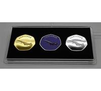 THE COMMEMORATIVE COIN COMPANY LTD Trio of CONCORDE Commemoratives in 50p Coin Display Case. Silver, 24ct Gold, Full Colour. Supersonic Jet Aircraft, British Airways, Air France