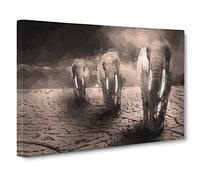 Trio Of Elephants In Abstract Modern Art Canvas Wall Art Print Ready to Hang, Framed Picture for Living Room Bedroom Home Office Décor, 30x20 Inch (76x50 cm)