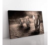 Trio Of Elephants In Abstract Modern Art Canvas Wall Art Print Ready to Hang, Framed Picture for Living Room Bedroom Home Office Décor, 76x50 cm (30x20 Inch)