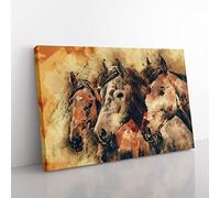 Trio Of Horses In Abstract Modern Art Canvas Wall Art Print Ready to Hang, Framed Picture for Living Room Bedroom Home Office Décor, 50x35 cm (20x14 Inch)