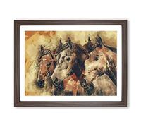 Trio Of Horses In Abstract Modern Art Framed Wall Art Print, Ready to Hang Picture for Living Room Bedroom Home Office Décor, Walnut A4 (34 x 25 cm)