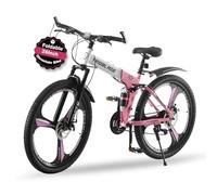 TRIOBLADE 24'' 26'' 27.5'' Folding Mountain Bike 21-Speed Foldable Mountain Bicycle with Dual Disc Brakes 3 Spoke Wheels Mountain Bikes,Dual Suspension Design for Adult Men Women (Black&Pink, 26inch)