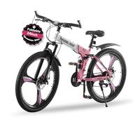 TRIOBLADE 24/26/27.5'' Folding Mountain Bike 21Speed Foldable Mountain Bicycle with Dual Disc Brakes 3 Spoke Wheels Mountain Bikes Dual Suspension Design for Adult Men Women (Black&Pink, 24inch)