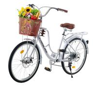 TRIOBLADE 24/26 Inch Vintage Ladies Bike with Basket 7 Speed Hybrid City Bike for Women Dual Disc Brakes Basket Rear Rack Lightweight Commuter bike Retro Bicycle White Urban Bike (24 inch)