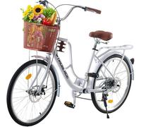 TRIOBLADE 24''26'' Vintage Ladies Bike with Basket 7 Speed Hybrid City Bike for Women Dual Disc Brakes Basket Rear Rack Lightweight Commuter bike Retro Bicycle White Urban Bike (24 inch)