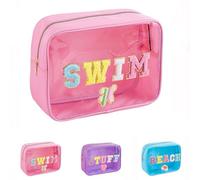 TRIP TIGER Beach Swim Stuff Cosmetic Bags with Chenille Letters, Large Capacity, Set of 3, Pink Blue Purple, PINK-SWIM, Casual