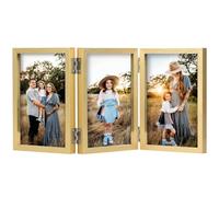 Triple 5x7 Photo Frame Hinged Folding Wood Picture Frame with Glass Front Stand Vertical on Desktop Gold