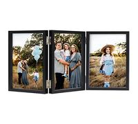 Triple 5x7 Photo Frame Hinged Folding Wood Picture Frame with Glass Front Stand Vertical on Desktop Black