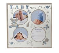 Triple Baby Boy Blue Glitter Motif & Glass Photo Frame 8.5" x 8.5" - Birth Gift
