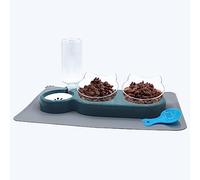 Triple Cat Bowls with Water Dispenser, Pet Water and Food Bowl Set with Non-Slip Mat and Scoop, 15° Tilted Double Dog Cat Bowls, Wet and Dry Food Bowl Set for Cats & Small Dogs (Dark Blue)