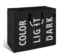 Triple Compartment Collapsible Laundry Basket - Large Slim Divided Hamper with Handles for Clothes, Shoes, Portable Laundry Storage Bag for Indoor & Outdoor Use, Men & Women (Black)