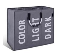 Triple Compartment Collapsible Laundry Basket - Large Slim Divided Hamper with Handles for Clothes, Shoes, Portable Laundry Storage Bag for Indoor & Outdoor Use, Men & Women (Dark Grey)