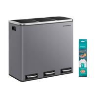 Triple Compartment Recycling Bin, 3 x 18L Pedal Waste Bin with Soft-Close Lids, Steel, for Kitchen, Grey