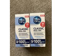 Triple Dry Classic Fragrance Free Anti Perspirant Roll On 100 Hours 2x 50ml BNIB