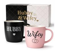 Triple Gifffted Hubby and Wifey Coffee Mugs Set, Mr and Mrs Couples Gift for Wedding, Anniversary, Engagement, Valentines, Christmas Day, His Hers Present for Husband Wife, Newlyweds, 13oz Ceramic
