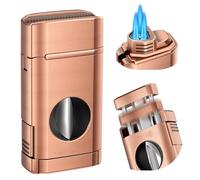 Triple Jet Flame Butane Lighter Cigar Accessories, Multi-Function, Torch Lighter with Built-in Cigar Clip and One-Touch Cigar Cutter V-Cut, Gifts for Men(Brass)