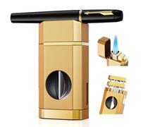 Triple Jet Torch Lighter with One-Touch V Cutter, Holder, Draw Enhancer Tool, Gifts for Men, Butane Refillable Lighter, Multifunctional All-in-one Lighter with Accessories, for Outdoor Travel, Candles