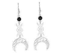 Triple Moon Goddess Earrings For Women Girl Stainless Steel Gothic Style Hollow Out Moon Rune Black Crystal Drop Earrings Amulet Wicca Jewelry (silver)