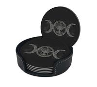 Triple Moon Goddess Wiccan Pagan Witch Microfiber Pu Leather Coaster Set of 6 for Drinks with Holder, Cups Place Mats for Home Decor,Round Mat Pad for Cups Mugs