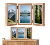 Triple Photo Frame, 4x6 Hinged Folding Wood Picture Frame with Glass, Front Stand Vertical on Desktop, Primary Wood Grain Color