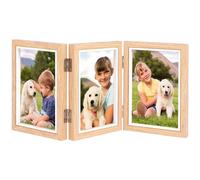 Triple Photo Picture Frame 6 x 4 Inch, Folding Wood Photo Frame Hinged Picture Frames High Definition Glass Multi Picture Frame for TableTop Desk Display Gift (Triple-Wooden)