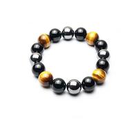 Triple Protection Bracelet-For Protection-Tiger Eye Stone-Hematite-Black Obsidian-Crystal Gemstone Bracelet-12mm Beaded Stretch Bracelet-Smallest,Small,Medium,Large Size-Bring Good Luck And Prosperity